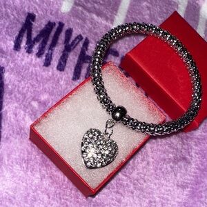 Silver-tone Stretch Bracelet with Rhinestone Heart Charm in red gift box